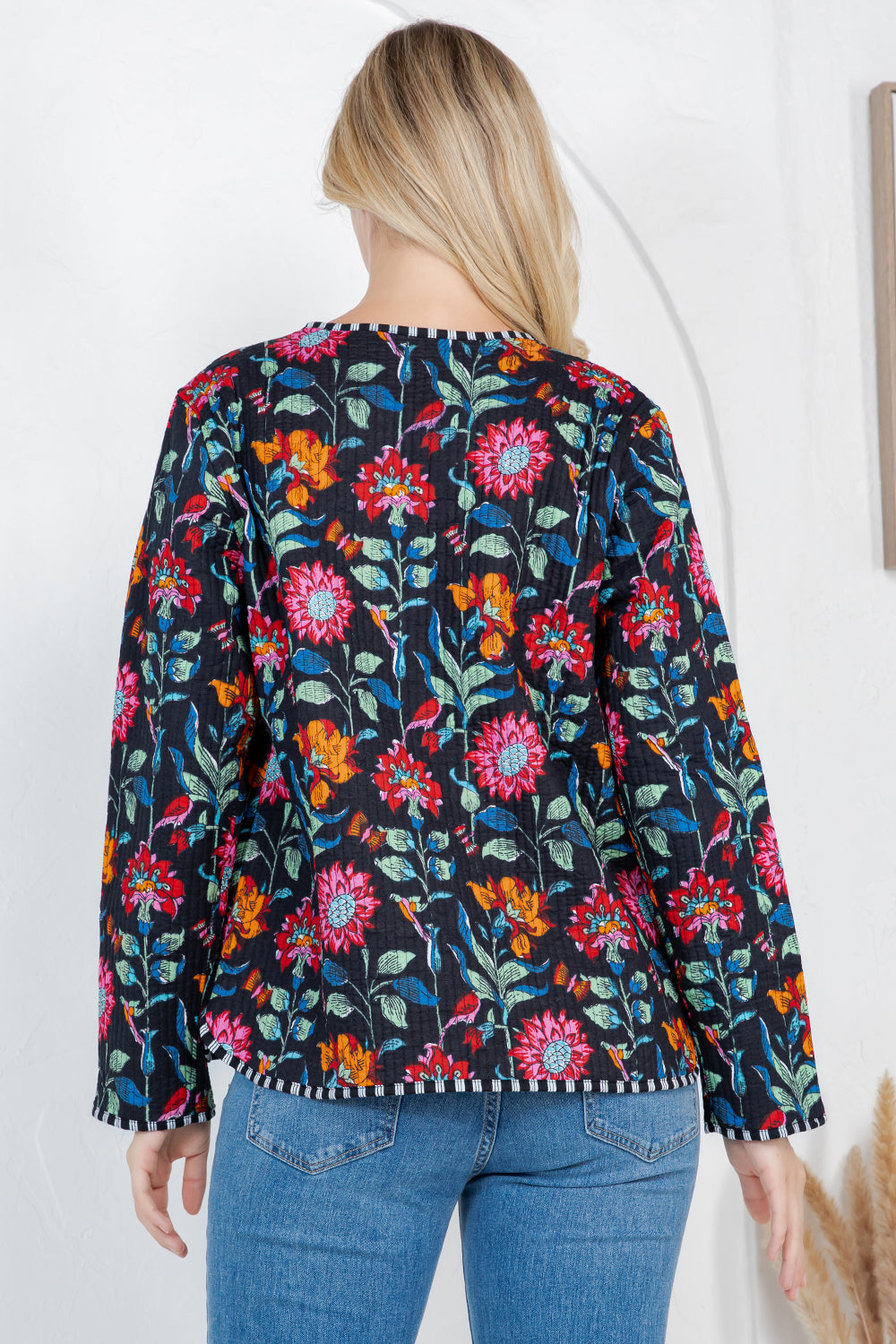 Floral Print Quilted Cotton Jacket - BLACK