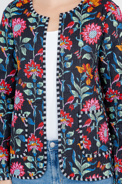 Floral Print Quilted Cotton Jacket - BLACK