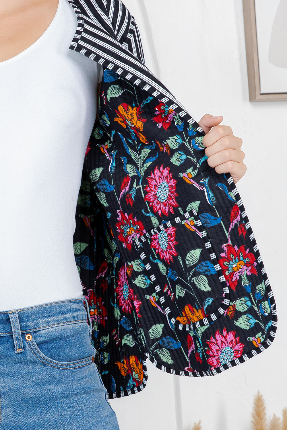 Floral Print Quilted Cotton Jacket - BLACK