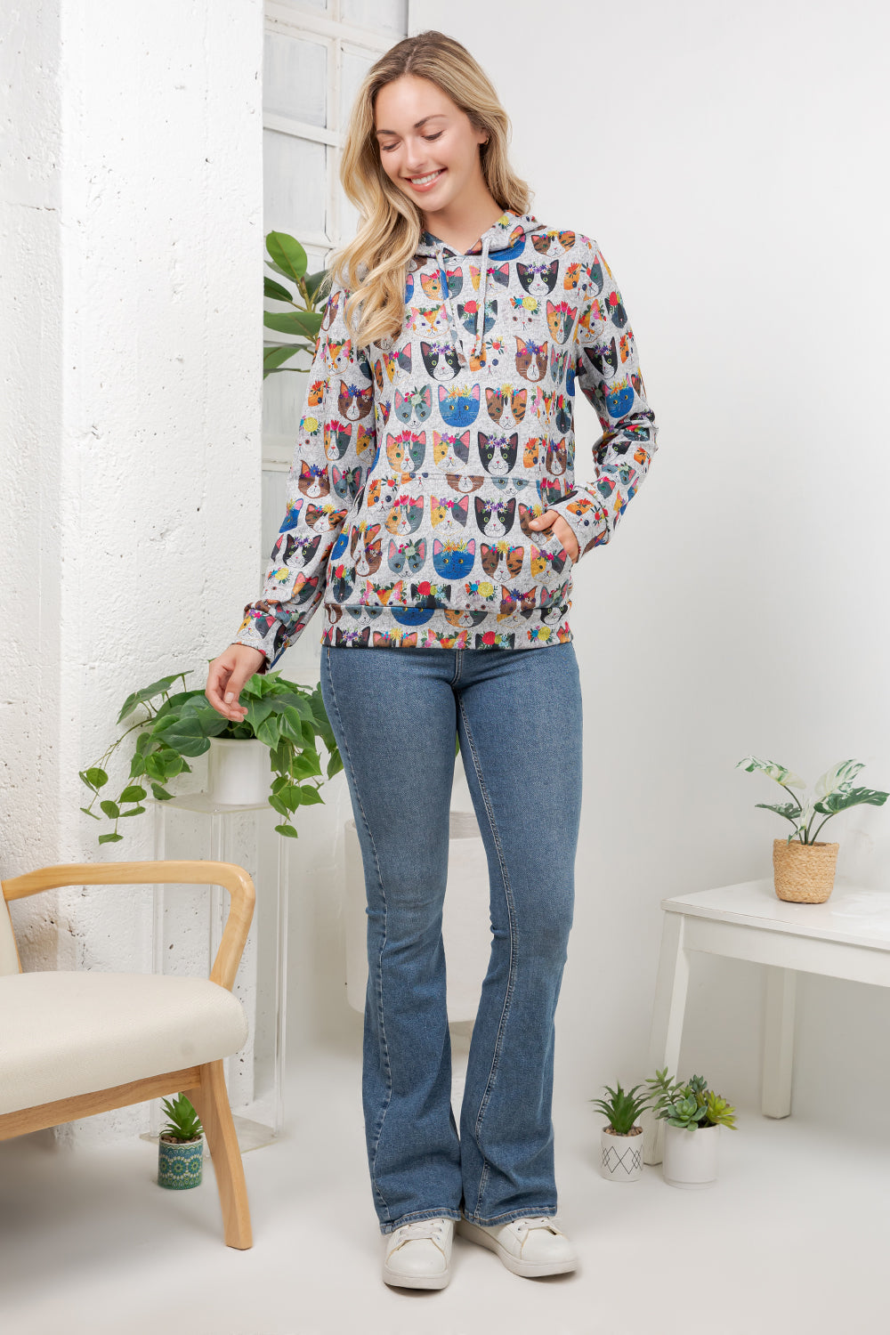 Floral Cats Pullover Hoodie