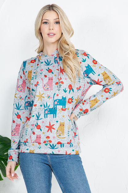 Colorful Cat Print Pullover Hoodie