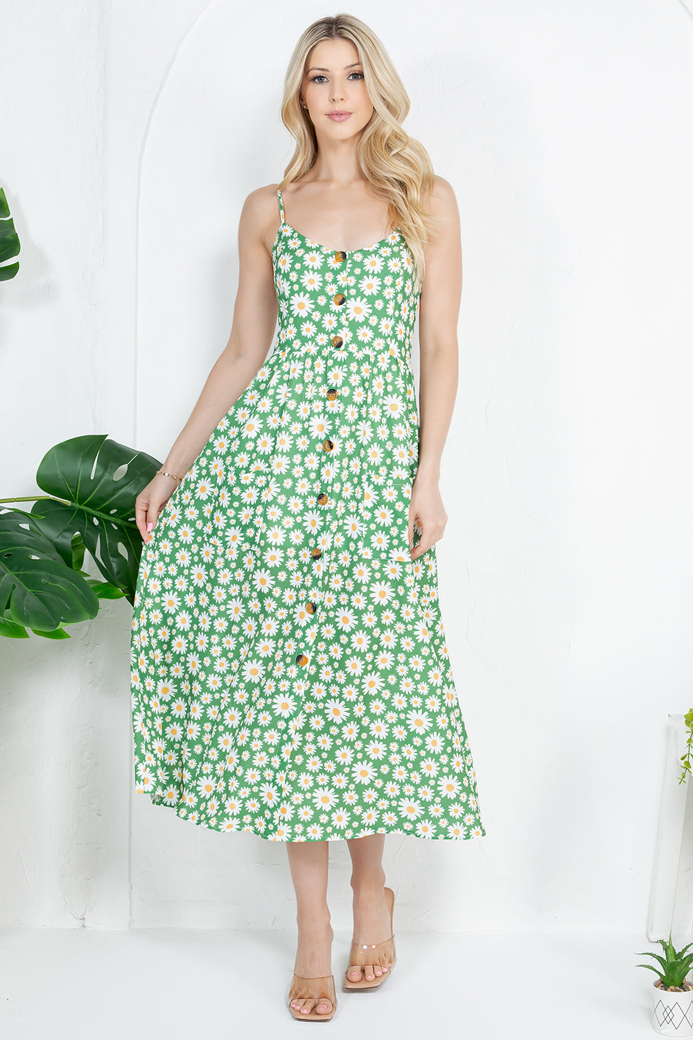 Green Daisy Print Cami Dress