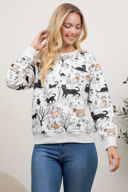 Playful Cat Print Crew Neck Sweatshirt