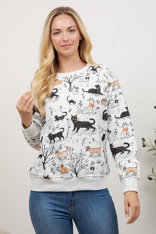Playful Cat Print Crew Neck Sweatshirt