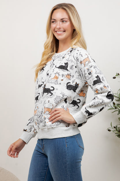 Playful Cat Print Crew Neck Sweatshirt
