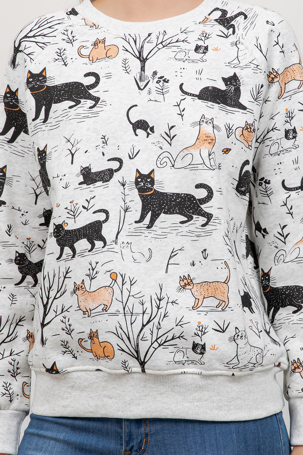 Playful Cat Print Crew Neck Sweatshirt