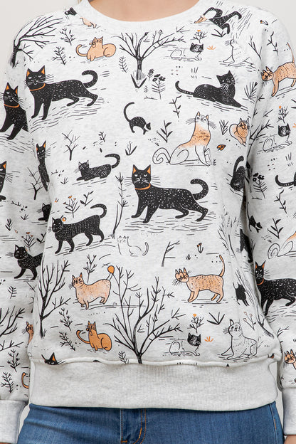 Playful Cat Print Crew Neck Sweatshirt