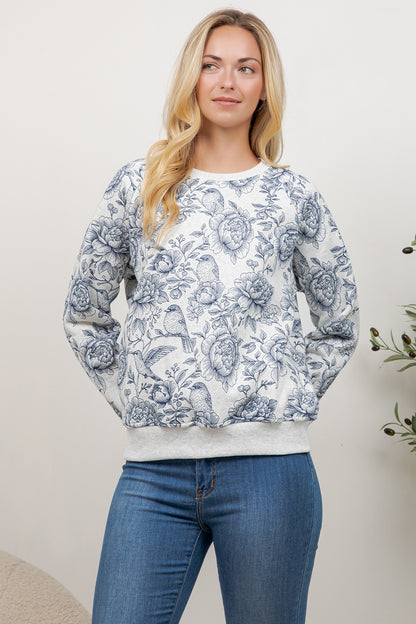 Flower & Bird Print Crew Neck Sweatshirt