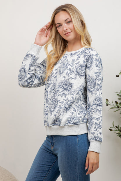 Flower & Bird Print Crew Neck Sweatshirt