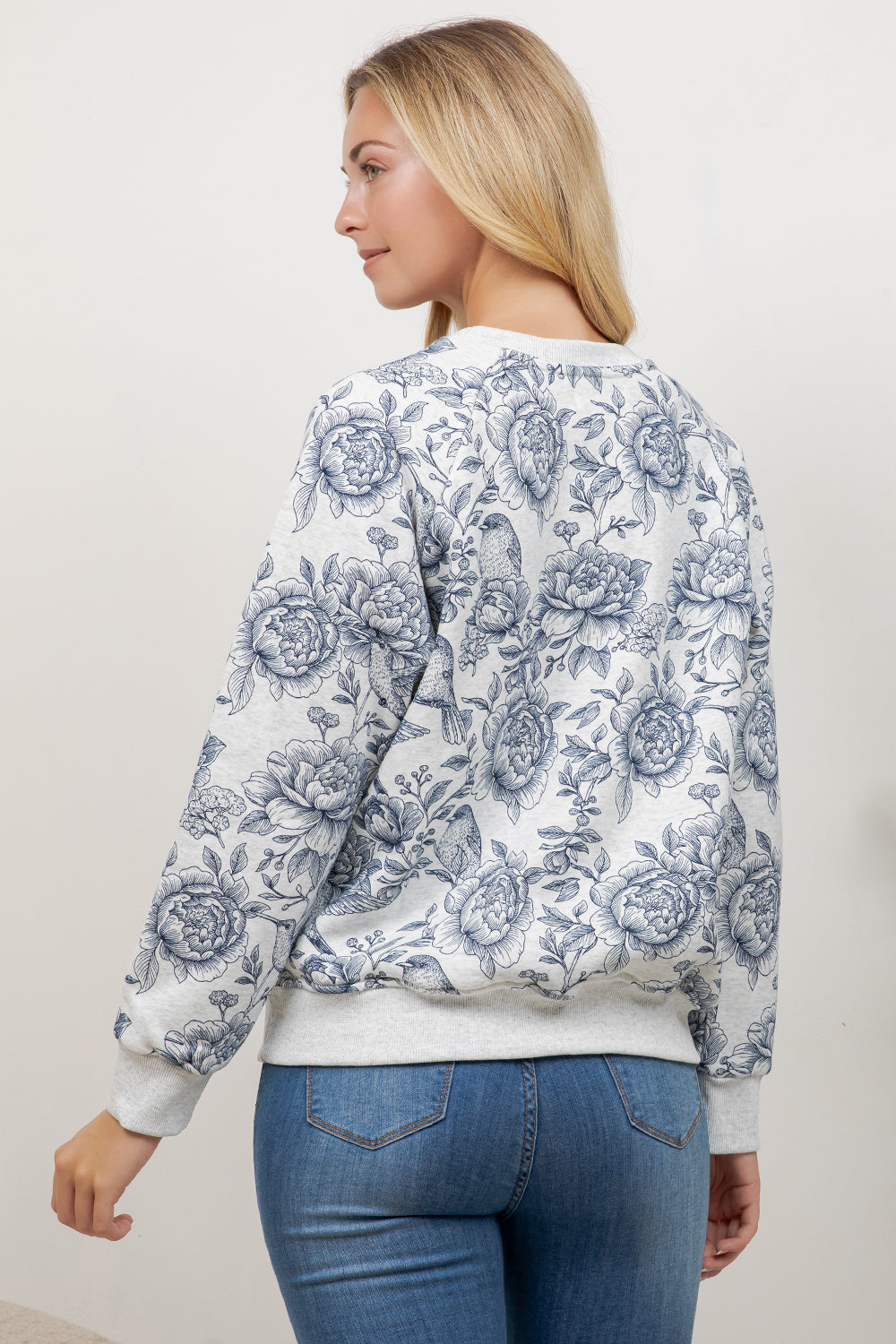 Flower & Bird Print Crew Neck Sweatshirt