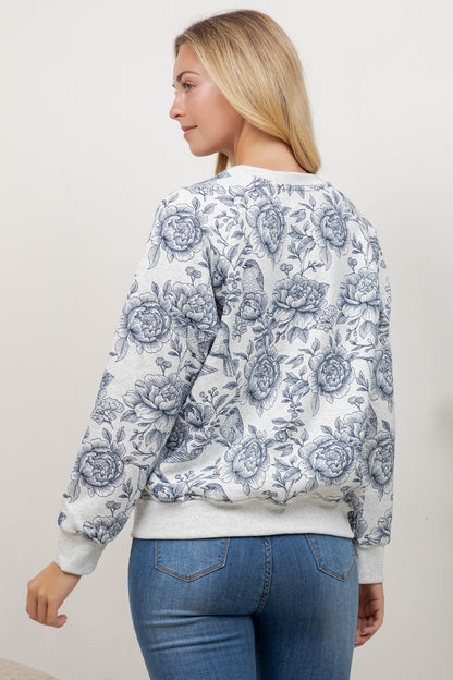 Flower & Bird Print Crew Neck Sweatshirt