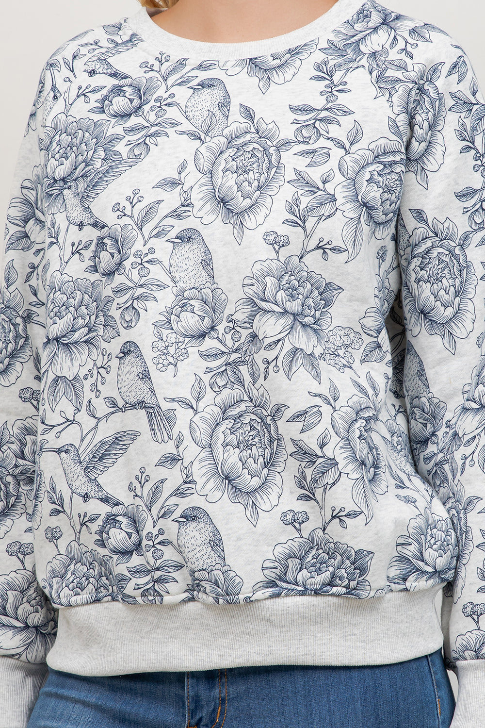 Flower & Bird Print Crew Neck Sweatshirt
