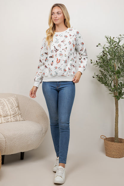 Variety Of Farm Birds Print Crew Neck Sweatshirt