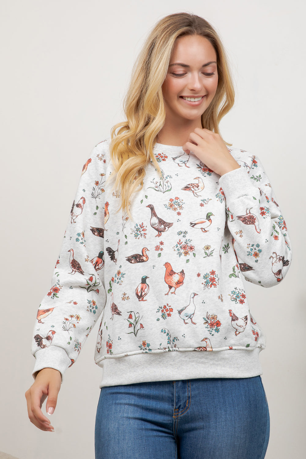 Variety Of Farm Birds Print Crew Neck Sweatshirt