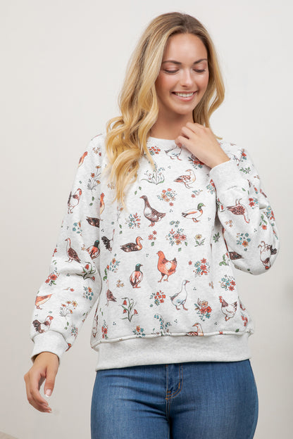 Variety Of Farm Birds Print Crew Neck Sweatshirt
