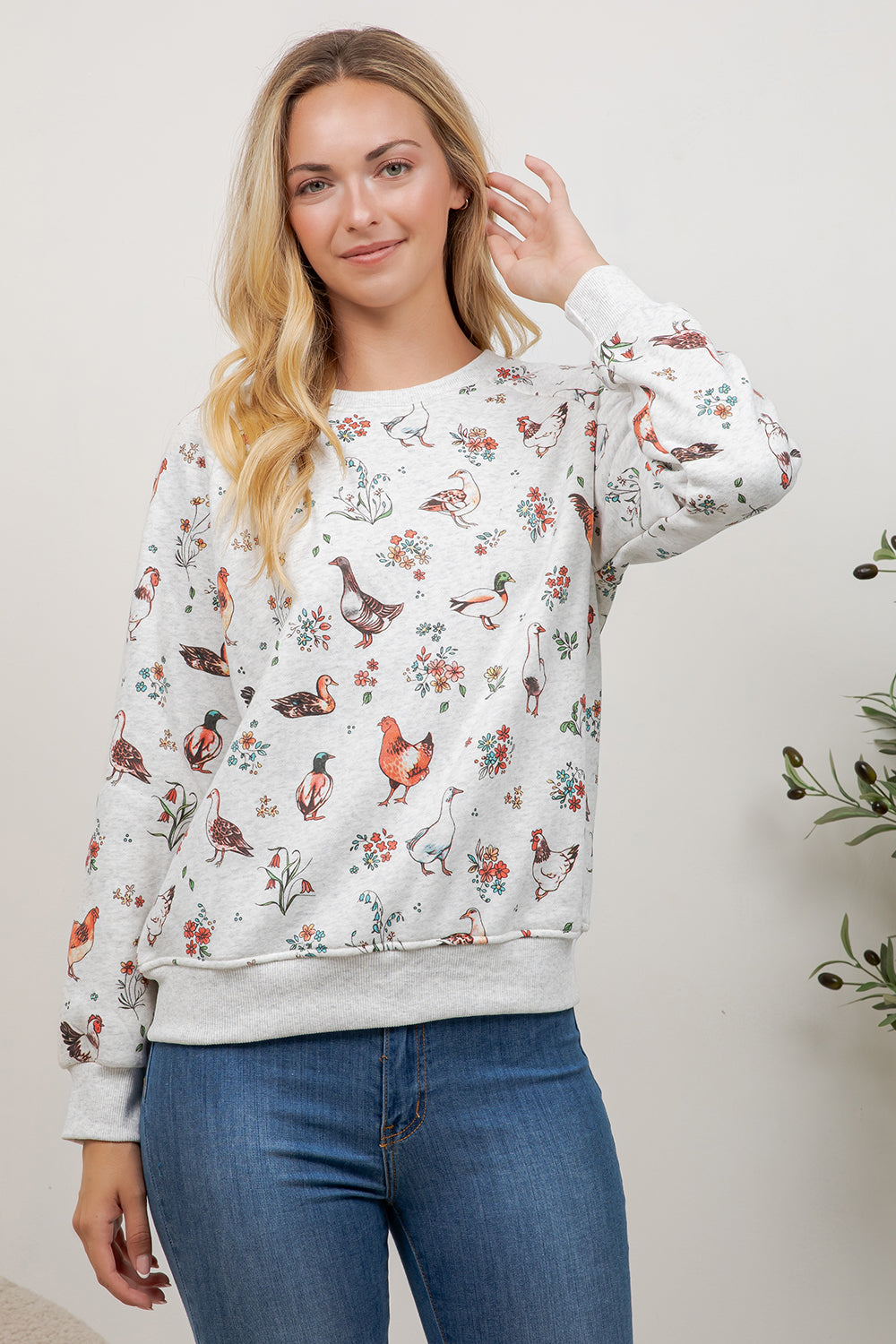 Variety Of Farm Birds Print Crew Neck Sweatshirt