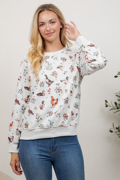 Variety Of Farm Birds Print Crew Neck Sweatshirt