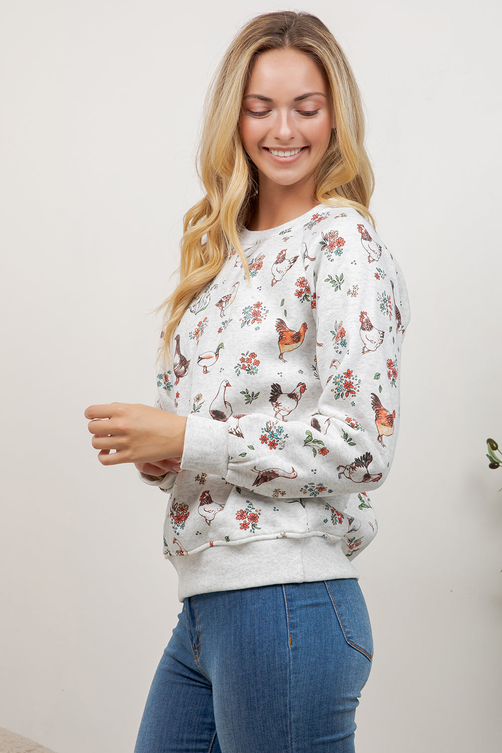 Variety Of Farm Birds Print Crew Neck Sweatshirt