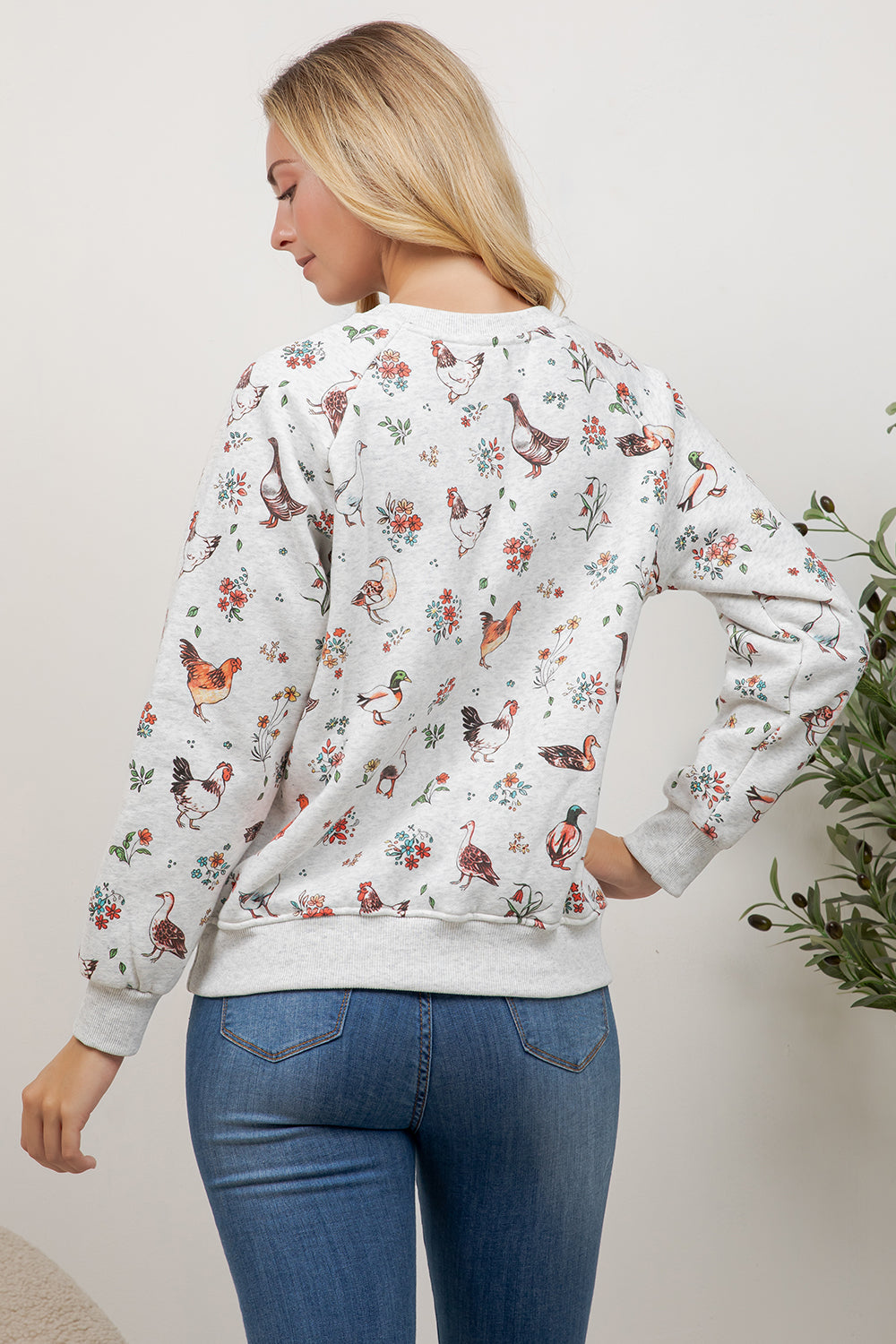 Variety Of Farm Birds Print Crew Neck Sweatshirt