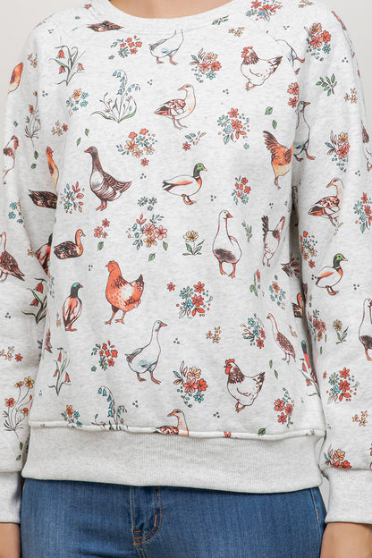 Variety Of Farm Birds Print Crew Neck Sweatshirt