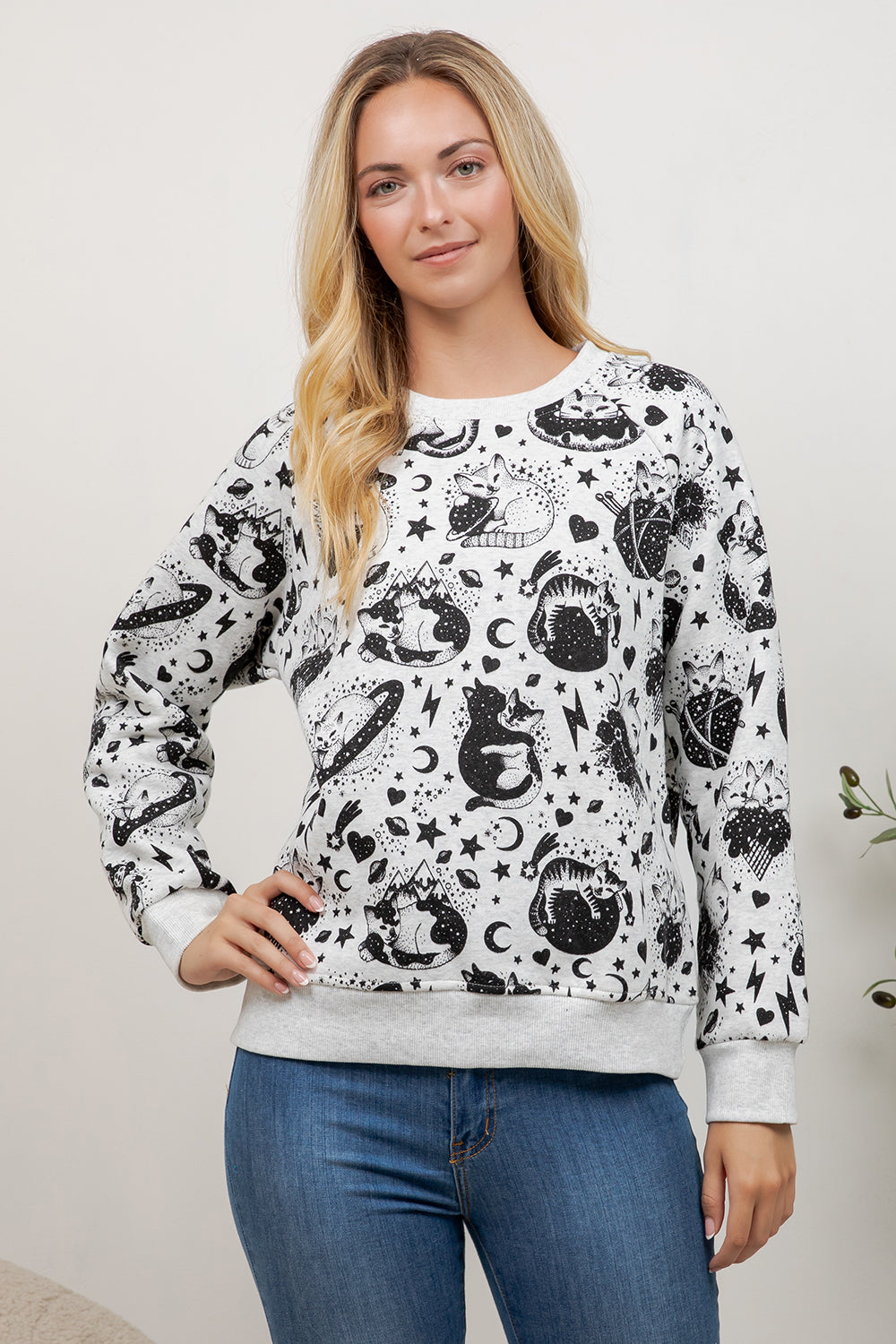 Cosmic Cat Print Crew Neck Sweatshirt