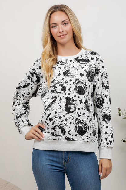 Cosmic Cat Print Crew Neck Sweatshirt