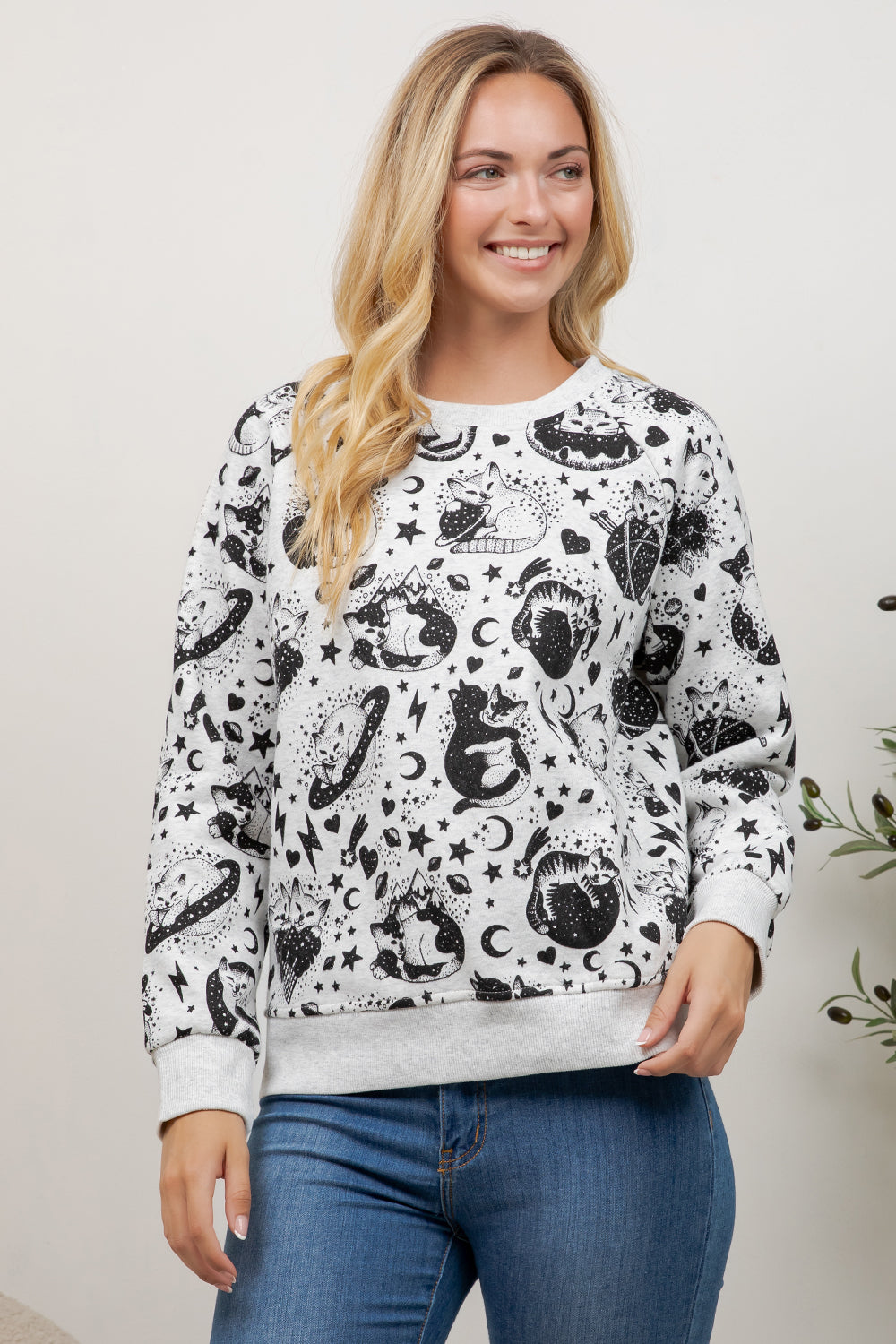 Cosmic Cat Print Crew Neck Sweatshirt