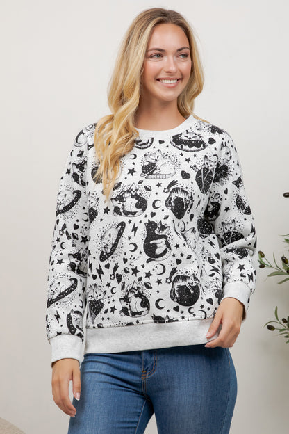 Cosmic Cat Print Crew Neck Sweatshirt