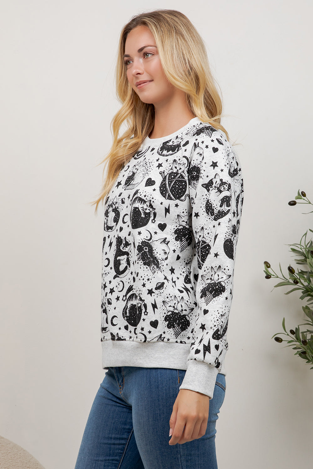 Cosmic Cat Print Crew Neck Sweatshirt