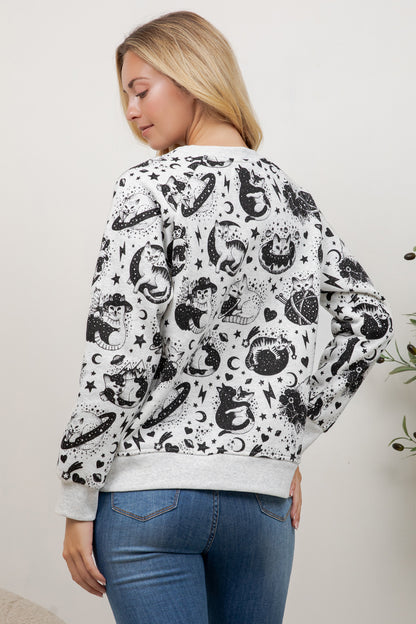 Cosmic Cat Print Crew Neck Sweatshirt