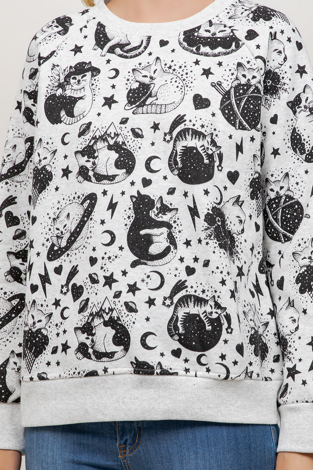 Cosmic Cat Print Crew Neck Sweatshirt