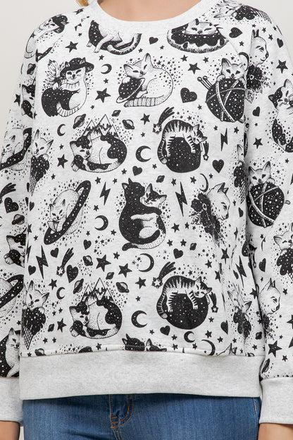 Cosmic Cat Print Crew Neck Sweatshirt