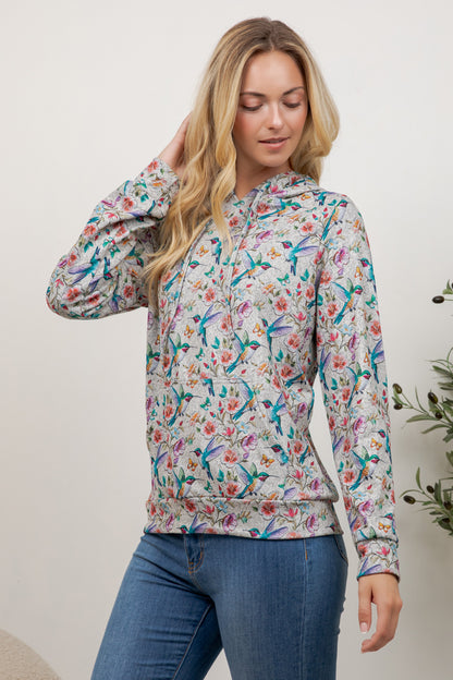 Colorful Humming Bird Print Pullover Hoodie