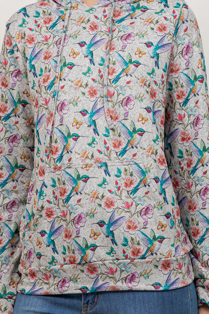 Colorful Humming Bird Print Pullover Hoodie
