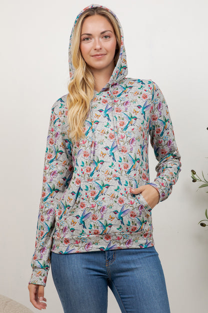 Colorful Humming Bird Print Pullover Hoodie