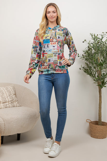 Colorful Cat Sticker Print Pullover Hoodie
