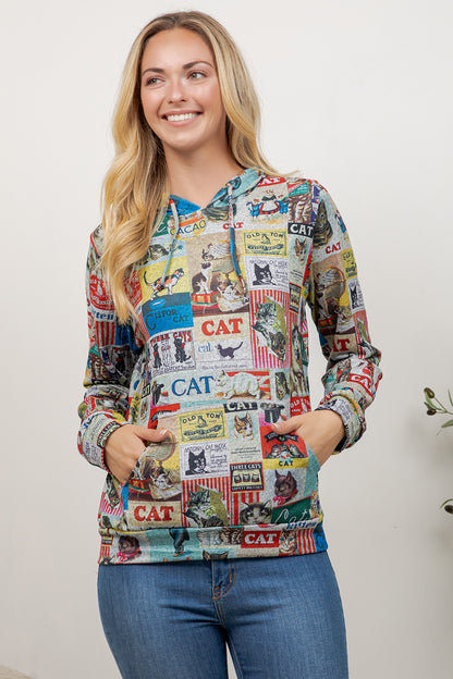 Colorful Cat Sticker Print Pullover Hoodie