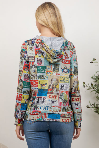 Colorful Cat Sticker Print Pullover Hoodie