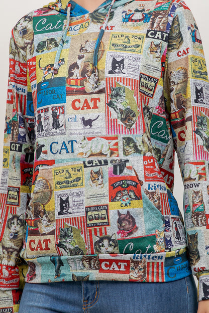 Colorful Cat Sticker Print Pullover Hoodie