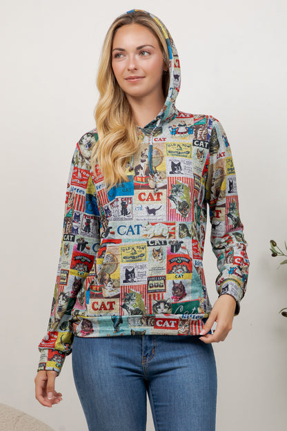 Colorful Cat Sticker Print Pullover Hoodie