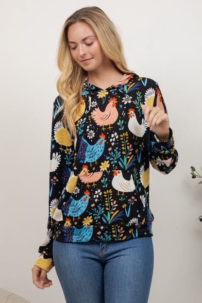 Rooster Floral Pullover Hoodie