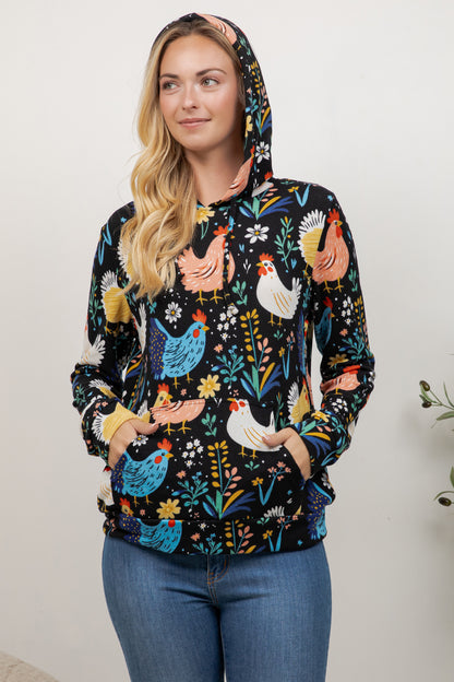Rooster Floral Pullover Hoodie