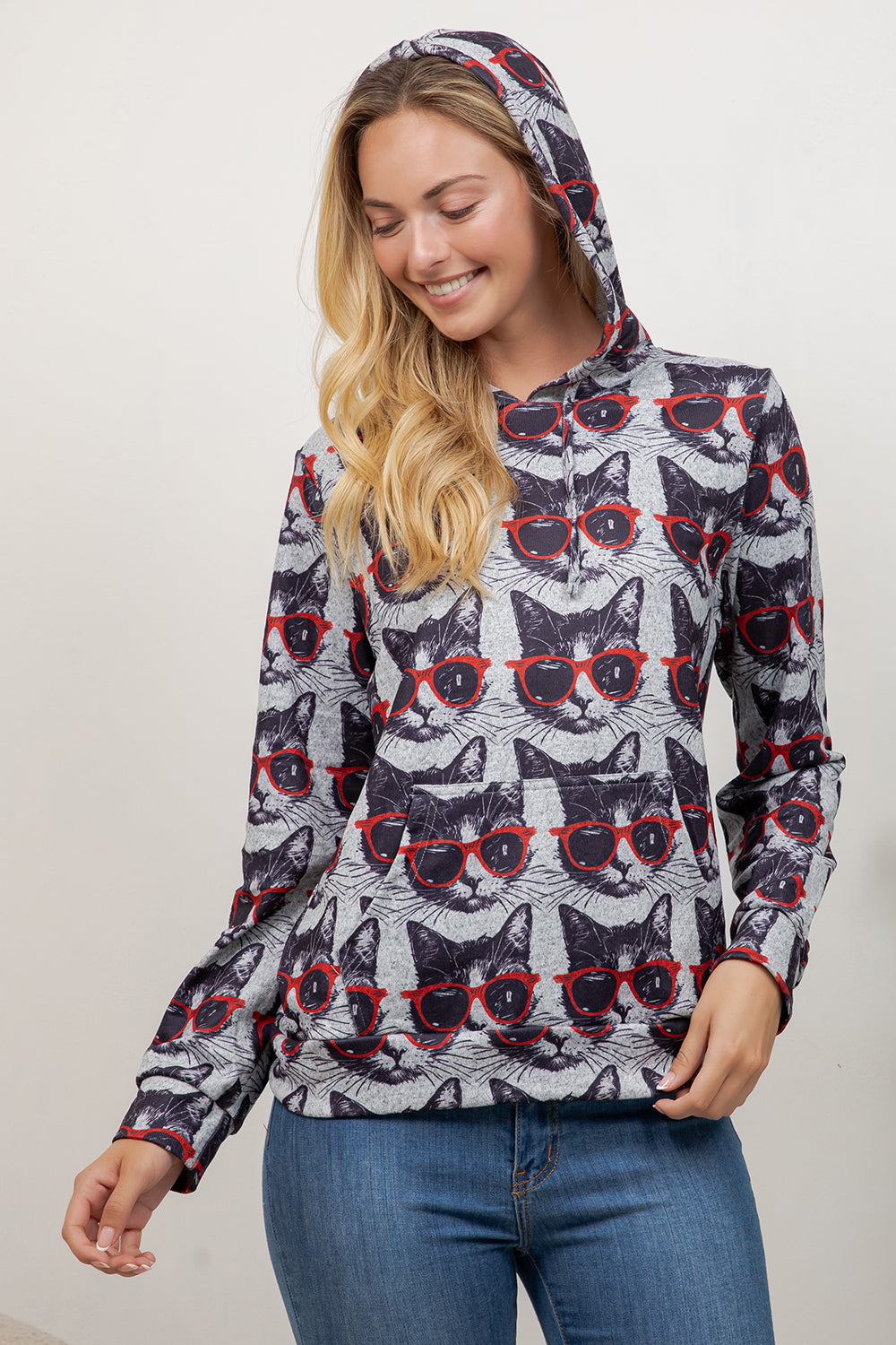 Cool Cats With Glass On Print Pullover Hoodie