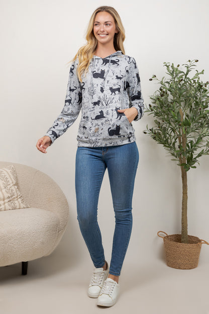 Playful Cat Print Pullover Hoodie