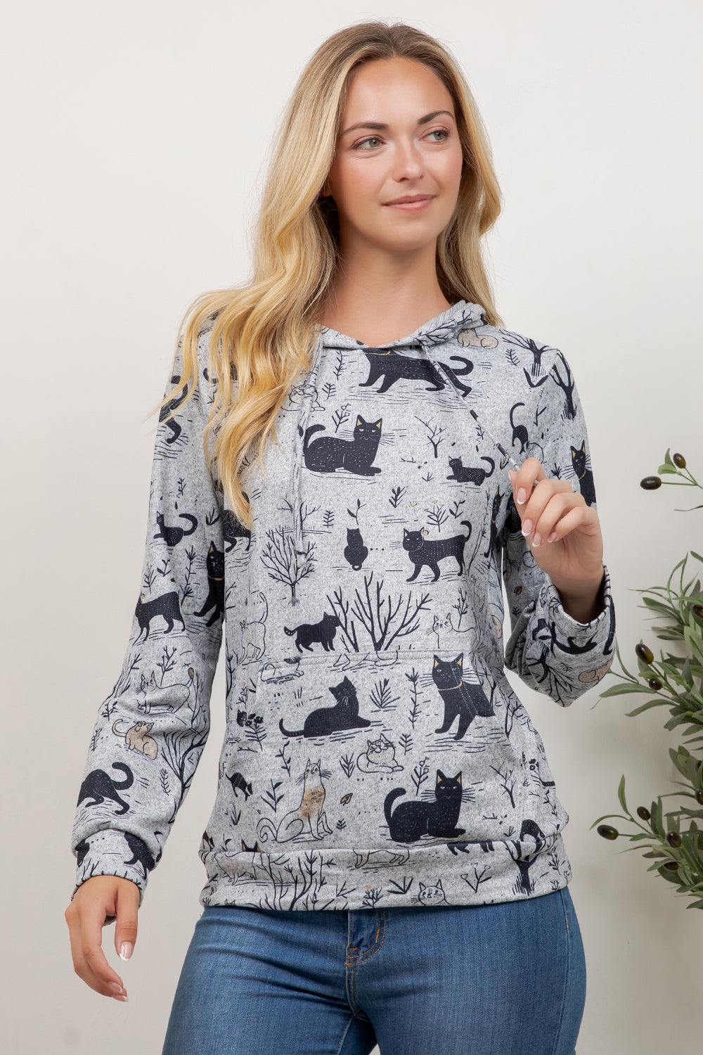 Playful Cat Print Pullover Hoodie