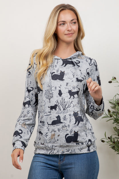 Playful Cat Print Pullover Hoodie