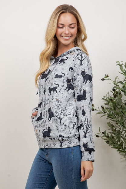 Playful Cat Print Pullover Hoodie