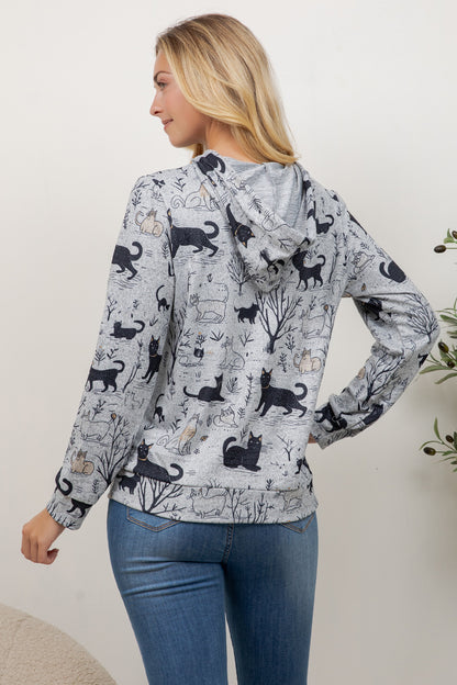 Playful Cat Print Pullover Hoodie