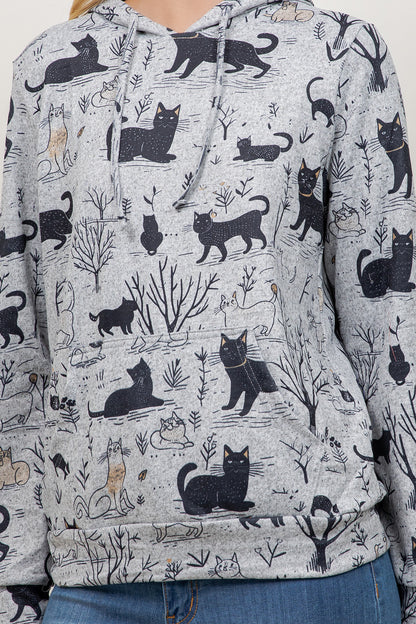 Playful Cat Print Pullover Hoodie