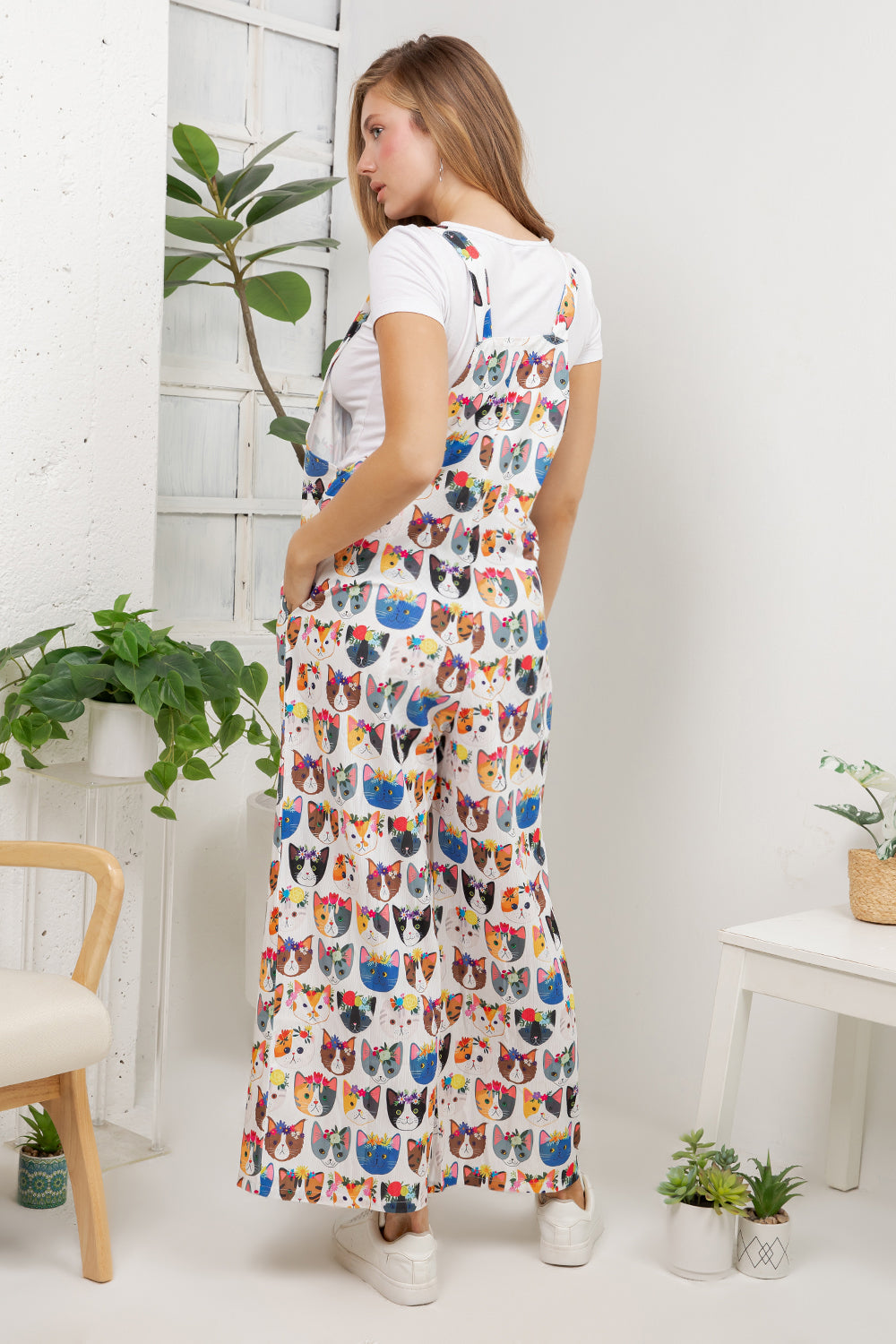 Floral Cats Overall Jumpsuit (Wide Leg)